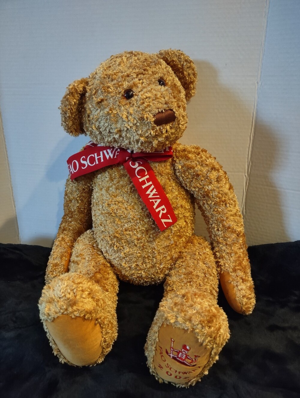 FAO Schwartz Steiff-Style Curly Golden Brown Large Teddy Bear/Red Ribbon/Jointed